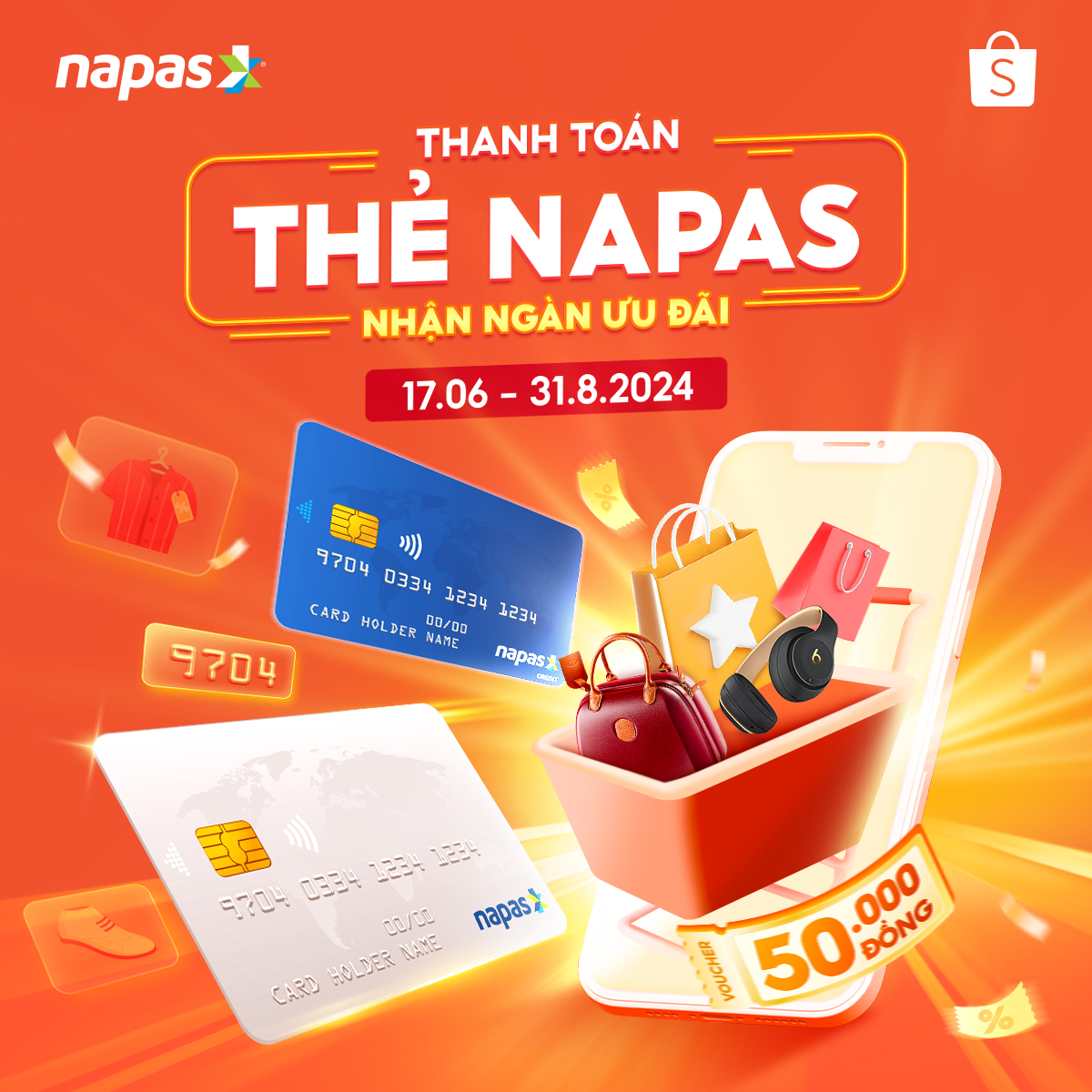 A cellphone with a shopping bag and credit cards  Description automatically generated