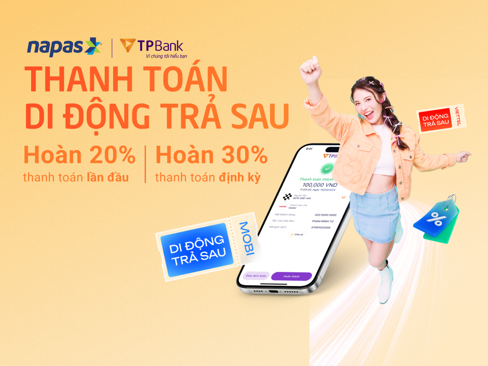 Hoàn tới 30% khi thanh toán hóa đơn điện thoại trả sau cùng NAPAS và TPBANK- Ảnh 1. Hoàn tới 30% khi thanh toán hóa đơn điện thoại trả sau cùng NAPAS và TPBANK- Ảnh 1.